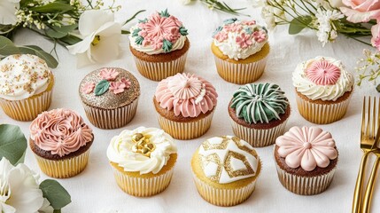 Assorted cupcakes with floral and geometric icing on white tablecloth, surrounded by flowers and gold cutlery