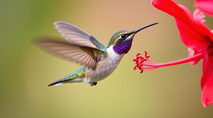 Fototapeta premium Single Hummingbird with Blurred Wings Hovering Near Bright Red Flower
