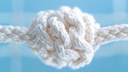 Close-up of a complex knot in white rope