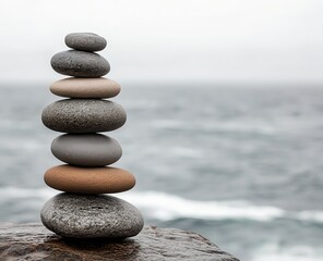 Stack of smooth, rounded stones in gray and brown on a sea background