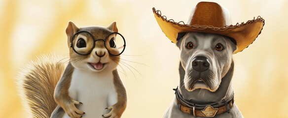 Fototapeta premium Charming cartoon squirrel and dog duo in glasses and cowboy hat on yellow background
