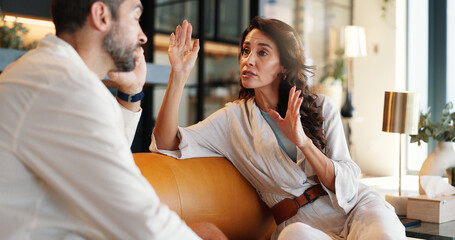 Couple, talk and arguing with fight at house for disagreement, conflict and divorce discussion....