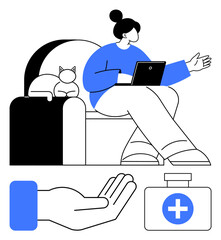 Woman seated with laptop next to a cat, extending her hand. Includes open hand and first aid box. Ideal for healthcare, remote work, caregiving, assistance, support self-care wellness. Flat simple