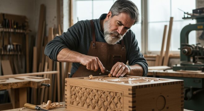 Skilled Craftsman Carving Intricate Design into Wooden Box in Workshop