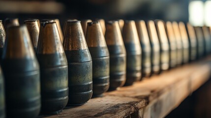 A Row of Military Grenades Positioned on a Table