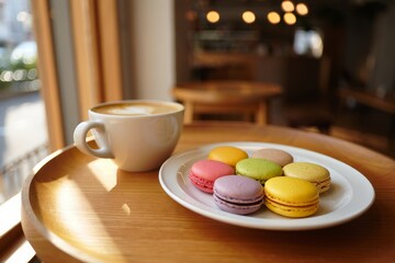 Assorted macarons with a cup of latte on a wooden tray by the cafe window, with warm natural light and a cozy ambiance.