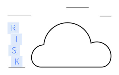 Minimalist cloud with RISK stacked vertically in light blue blocks. Ideal for technology risk, data security, cloud computing, cybersecurity, digital threats, IT management, abstract line flat