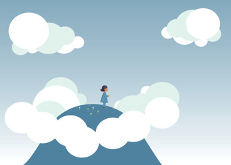Illustration of a child at the top of a mountain in clouds in a blue and beige tone