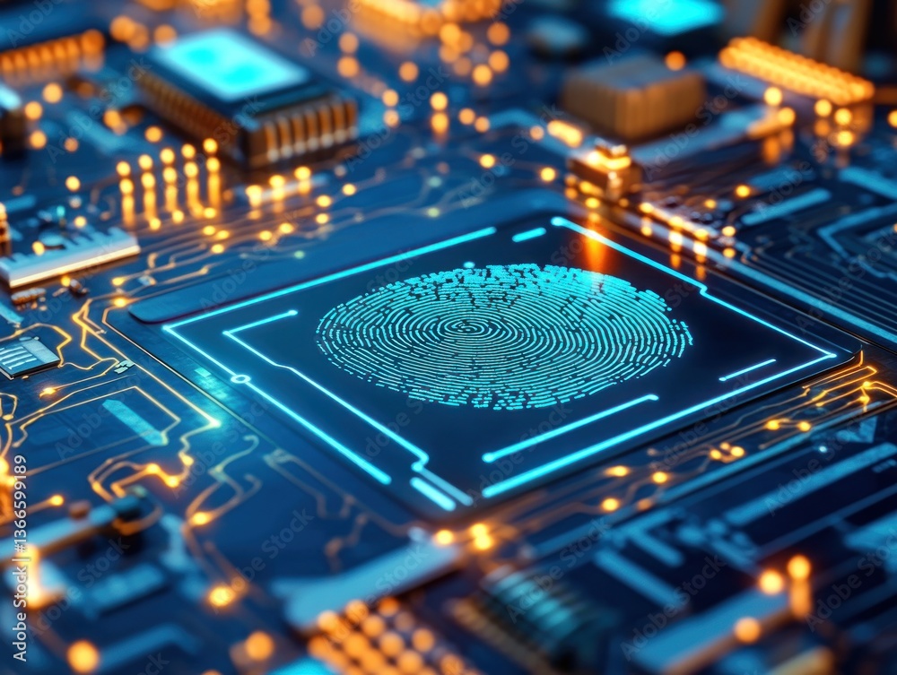 Poster close-up of a circuit board with a fingerprint sensor illuminated