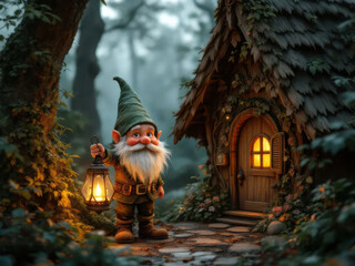A fairy-tale, good dwarf with a lantern near the house in the forest. Illustration