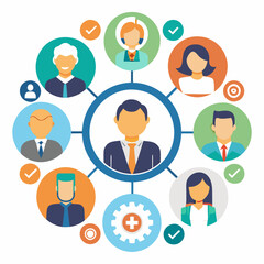 Cartoon team icons depict social network avatars for business people and groups