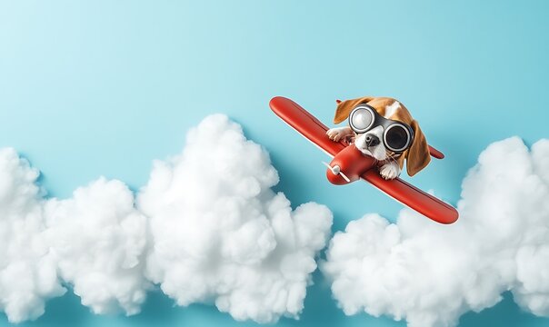 A Beagle Dog Wearing Goggles Flying a Red Airplane