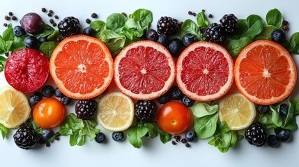 Naklejka premium Fresh sliced grapefruit, berries, and greens arranged on a white background
