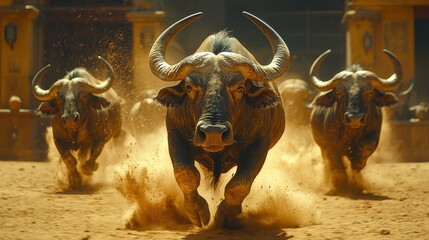 Charging water buffaloes in a dusty arena