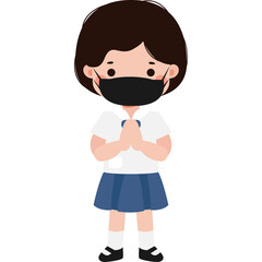 Cute Cartoon Thai student wearing face mask to protect against pm 2.5 dust Illustration flat style png
