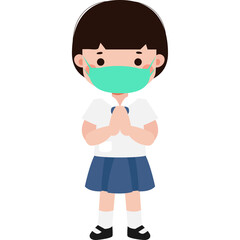 Cute Cartoon Thai student wearing face mask to protect against pm 2.5 dust Illustration flat style png