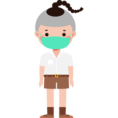 Cute Cartoon Thai student wearing face mask to protect against pm 2.5 dust Illustration flat style png