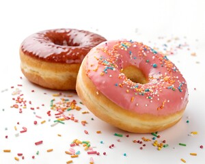 Two donut with sprinkles, pink and red donut on white background 