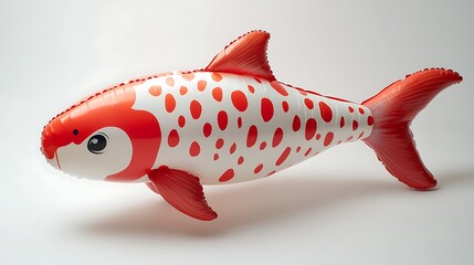 Inflatable fish toy with red and white polka dot pattern on white background

