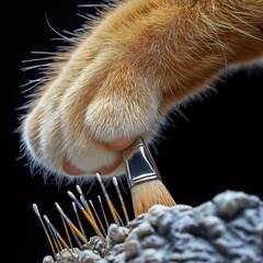 Ginger cat paw holding paintbrush exploring miniature brushes and rock. Generative ai illustrations
