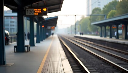 View of train station platform with railway tracks receding into the distance, concrete platform edge. Commuters travel by rail on holiday, business trip, visit family, created with generative ai