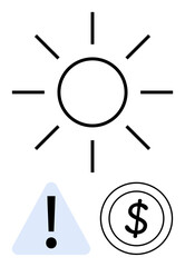 Sun icon with a warning sign and dollar symbol representing energy usage, financial concerns, and climate change. Ideal for energy efficiency, sustainability, cost management, warnings, renewable