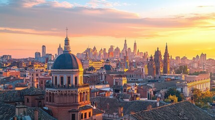 Fototapeta premium Golden hour cityscape with historic and modern architecture at sunset
