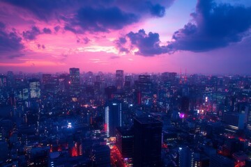 Obraz premium Panoramic view of city skyline during colorful sunset with pink and purple clouds