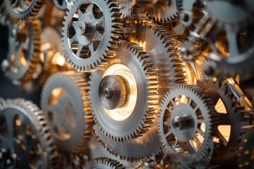 Interlocking gears mechanical parts moving with bright light.