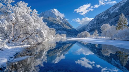 Frozen Landscape: A wintry landscape featuring snow-capped trees, frozen lakes, and towering ice-covered mountains, offering a glimpse of nature&rsquo;s serene winter charm.

