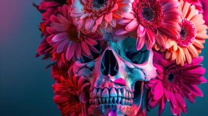 Skull with Floral Crown: A striking photograph of a skull, crowned with vibrant flowers, capturing the contrast between life&rsquo;s vivid beauty and death&rsquo;s silent presence.

