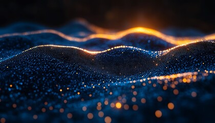 Abstract depiction of glowing particles forming undulating wave shapes