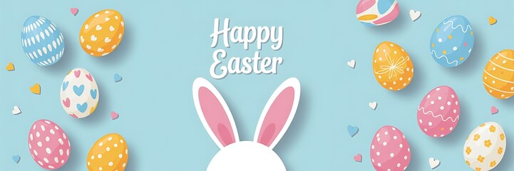 Obraz premium Easter Party Concept with Bunny Ears Colorful Easter Eggs Delicate Spring Flowers on a Pastel Blue Background with Copy Space for Festive Designs Greeting Cards and Holiday Invitations. Easter Holiday