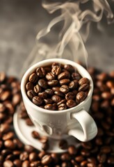 Fototapeta premium Steam rises from coffee beans in a pristine white cup, aesthetic, grain, object