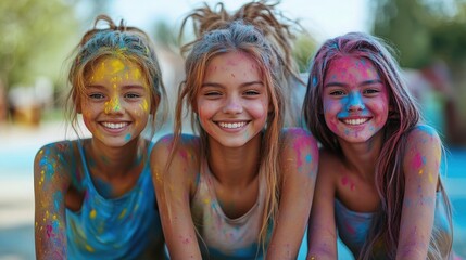 Fototapeta premium Three young women covered in colorful powder smiling outdoors on a sunny day