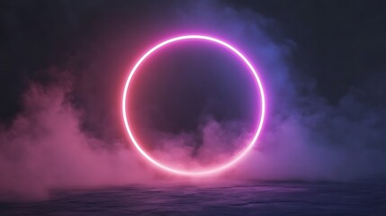 A Glowing Pink Circle Surrounding Misty Atmospheric Smoke in Darkness