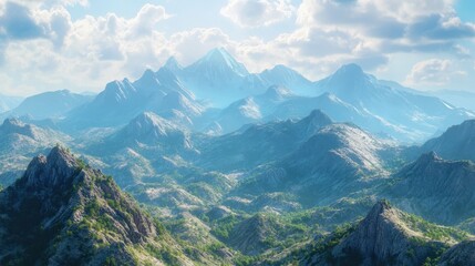 Naklejka premium Majestic mountain range under cloudy sky with sunlit peaks and lush greenery