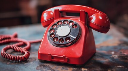 Vintage red rotary telephone resting on a weathered table evokes nostalgia and charm in a rustic setting