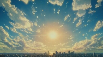 Fototapeta premium The Sun Shining Over a City Beneath a Beautiful Sky