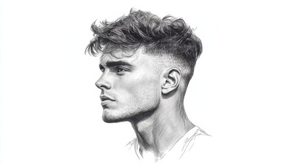 Obraz premium Side profile sketch of young man with curly hair and beard
