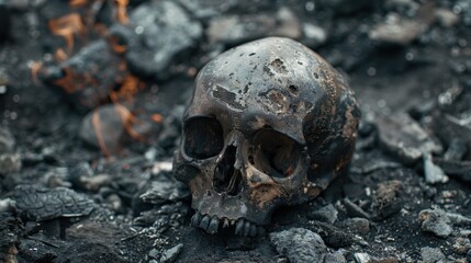 Burnt Skull in Ashes: A charred skull surrounded by soot and ashes, captured in a striking photo or render, representing the aftermath of destruction and fiery ruin.
