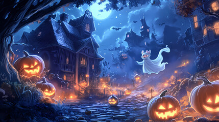 Obraz premium Magical halloween sketch of playful creatures in a spooky environment for children. Twilight Phantasm. Illustration