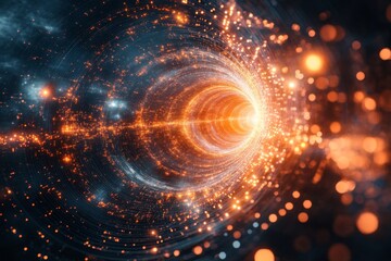 Fantasy galaxy with fiery planet and swirling nebula in deep space