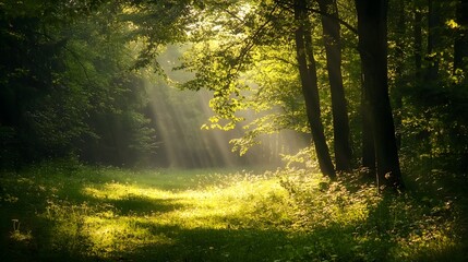Obraz premium Golden rays illuminate a tranquil forest clearing on a serene morning in summer