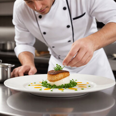 Professional chef in white uniform cooking in a high-end restaurant kitchen, flames from the pan, fresh ingredients, detailed food presentation