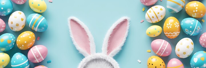 Easter Party Concept with Bunny Ears Colorful Easter Eggs Delicate Spring Flowers on a Pastel Blue Background with Copy Space for Festive Designs Greeting Cards and Holiday Invitations. Easter Holiday
