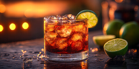 Refreshing Cuba Libre cocktail with lime garnishment captured in a lively bar setting during the evening