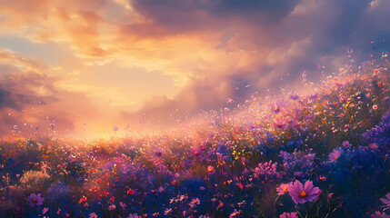 Fototapeta premium A field of wildflowers appears to be glowing with an ethereal light, as if it were a mirage created by the heat of the sun, creating a scene of surreal beauty. Mirage Glow. Illustration