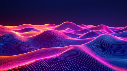 A neon desert where shifting dunes glow with electric currents, forming surreal abstract waves of cybernetic energy. Mirage Glow. Illustration