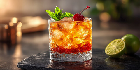 Refreshing Mai Tai cocktail served with mint, cherry, and lime on a dark stone surface, capturing summer vibes